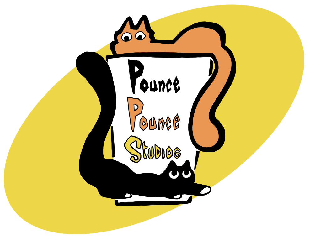 Logo of Pounce Pounce Studios featuring two cats, one orange and one tuxedo
